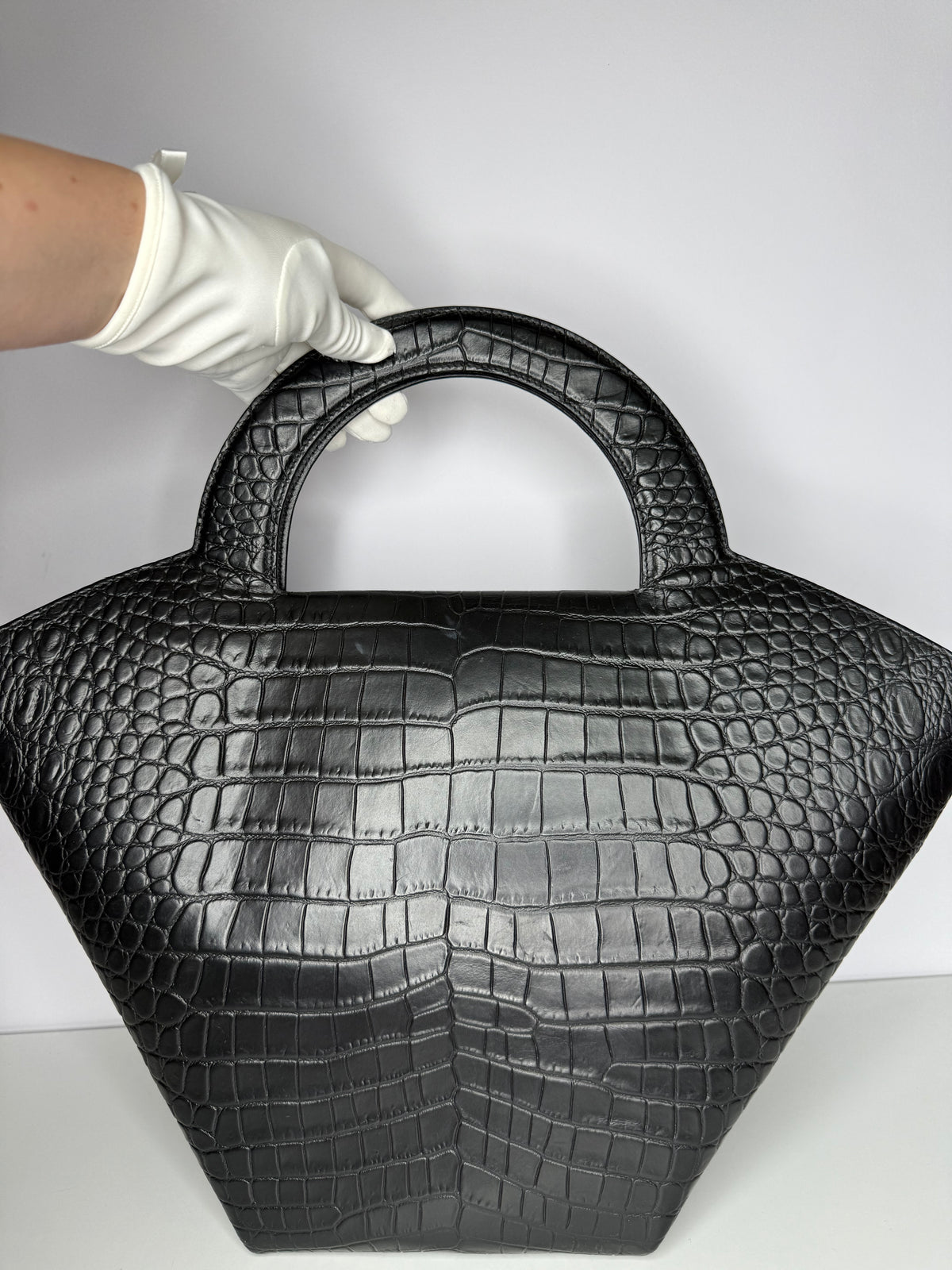 Bottega Veneta Black Crocodile Embossed Leather Doll Tote