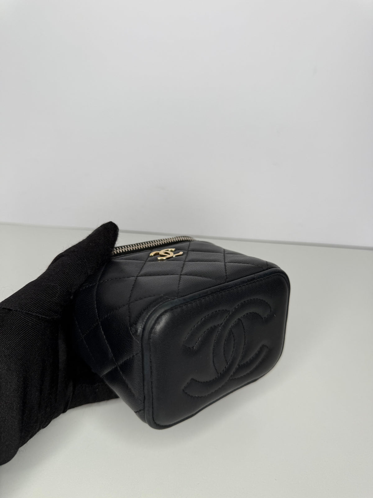 Chanel Mini Top Handle Vanity With Chain Black Lambskin Gold Hardware