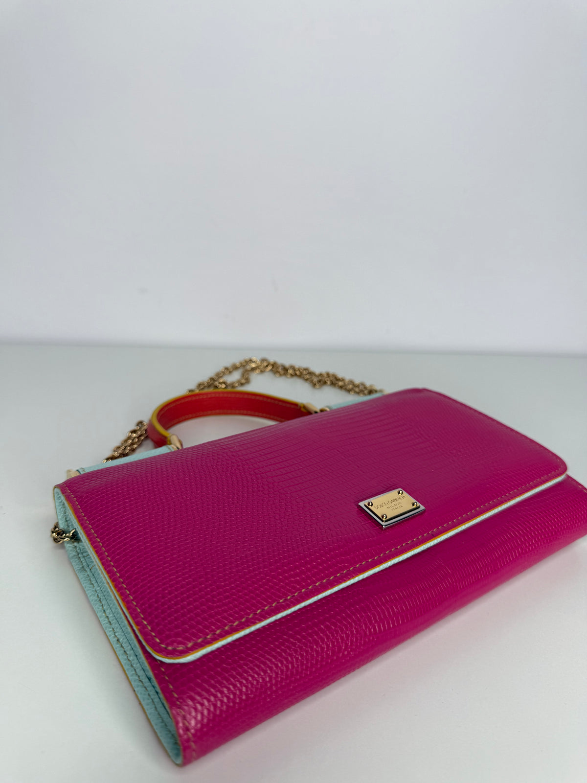 Dolce Gabbana Pink Lizard Embossed Wallet On Chain