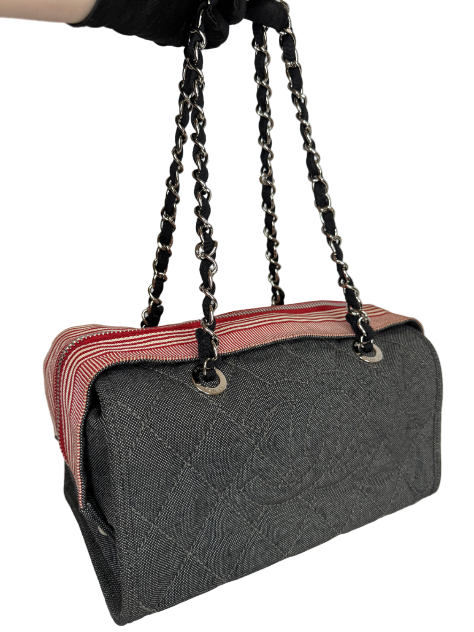 Chanel Blue/Red Quilted Denim CC Bowler Shoulder Bag