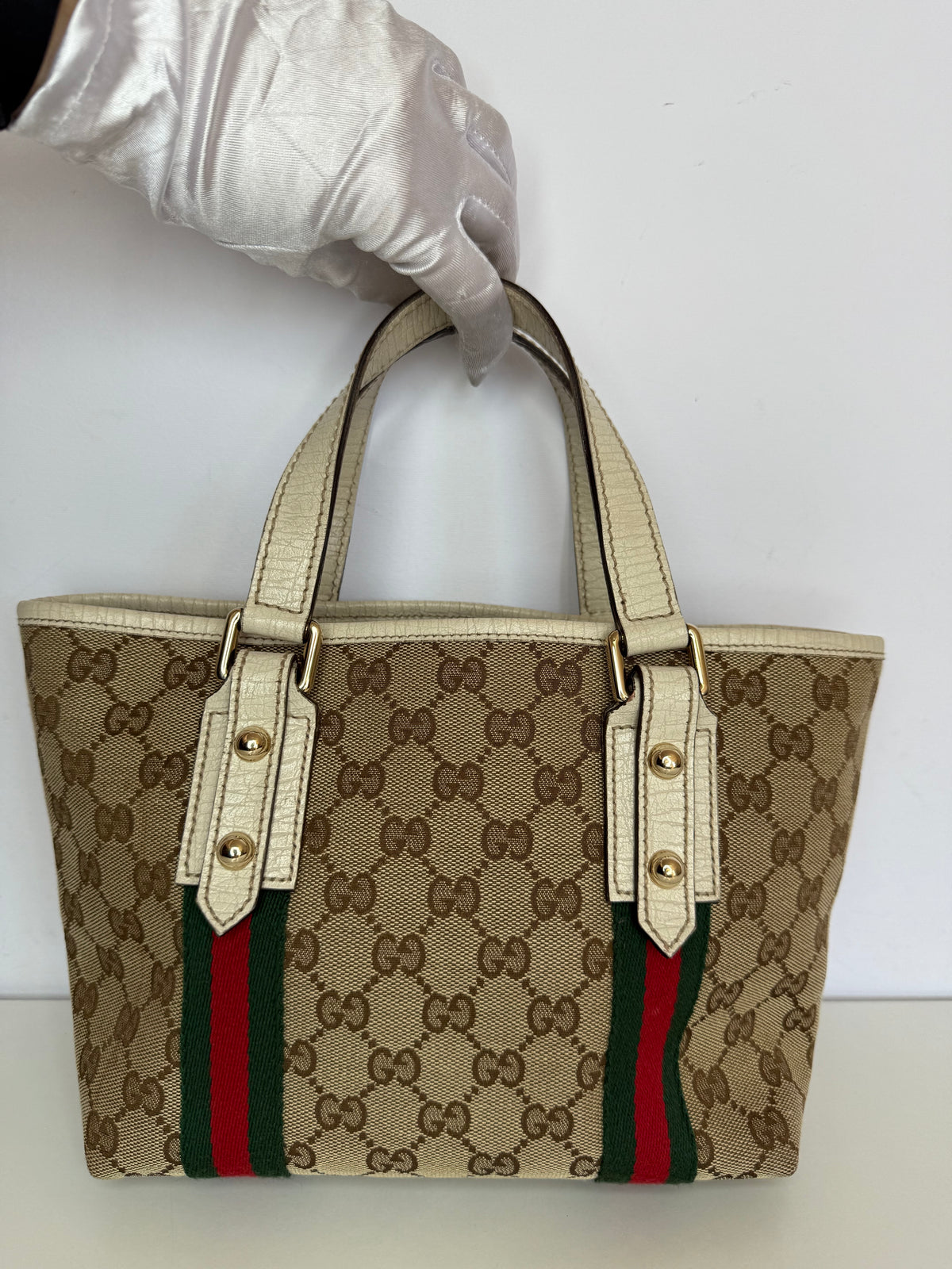 Gucci Beige/White GG Canvas and Leather Mini Jolicoeur Web Tote