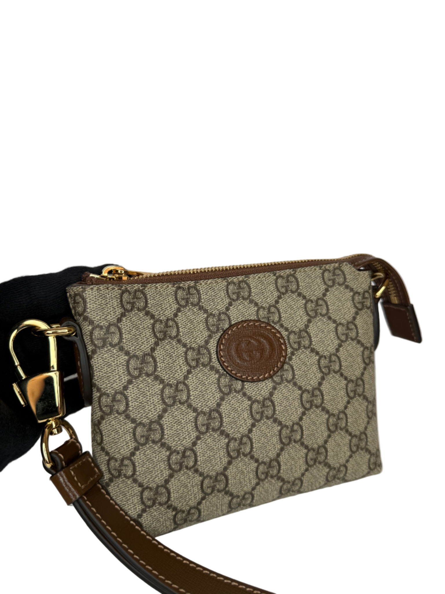 Gucci GG Coated Canvas Interlocking G Patch Wristlet Mini Messenger Bag