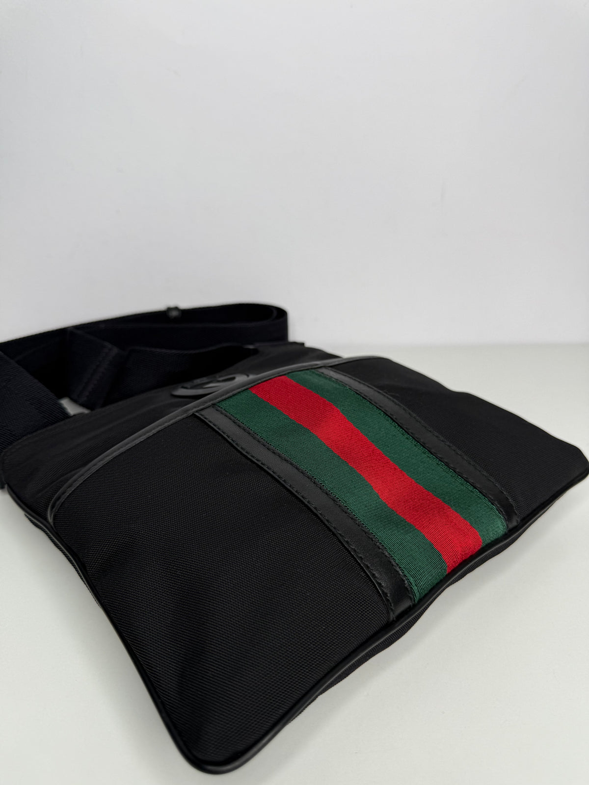 Gucci Men’s Nylon Web Interlocking G Messenger Bag Black