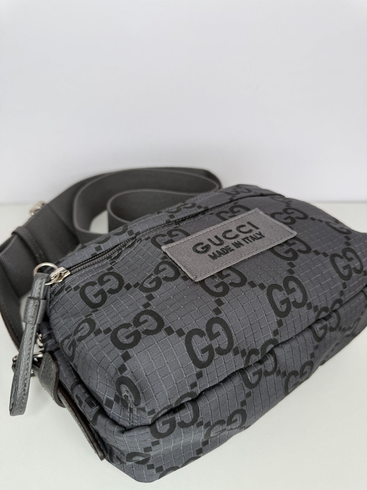 Gucci Men’s Medium GG Ripstop Damier Crossbody Bag Grey