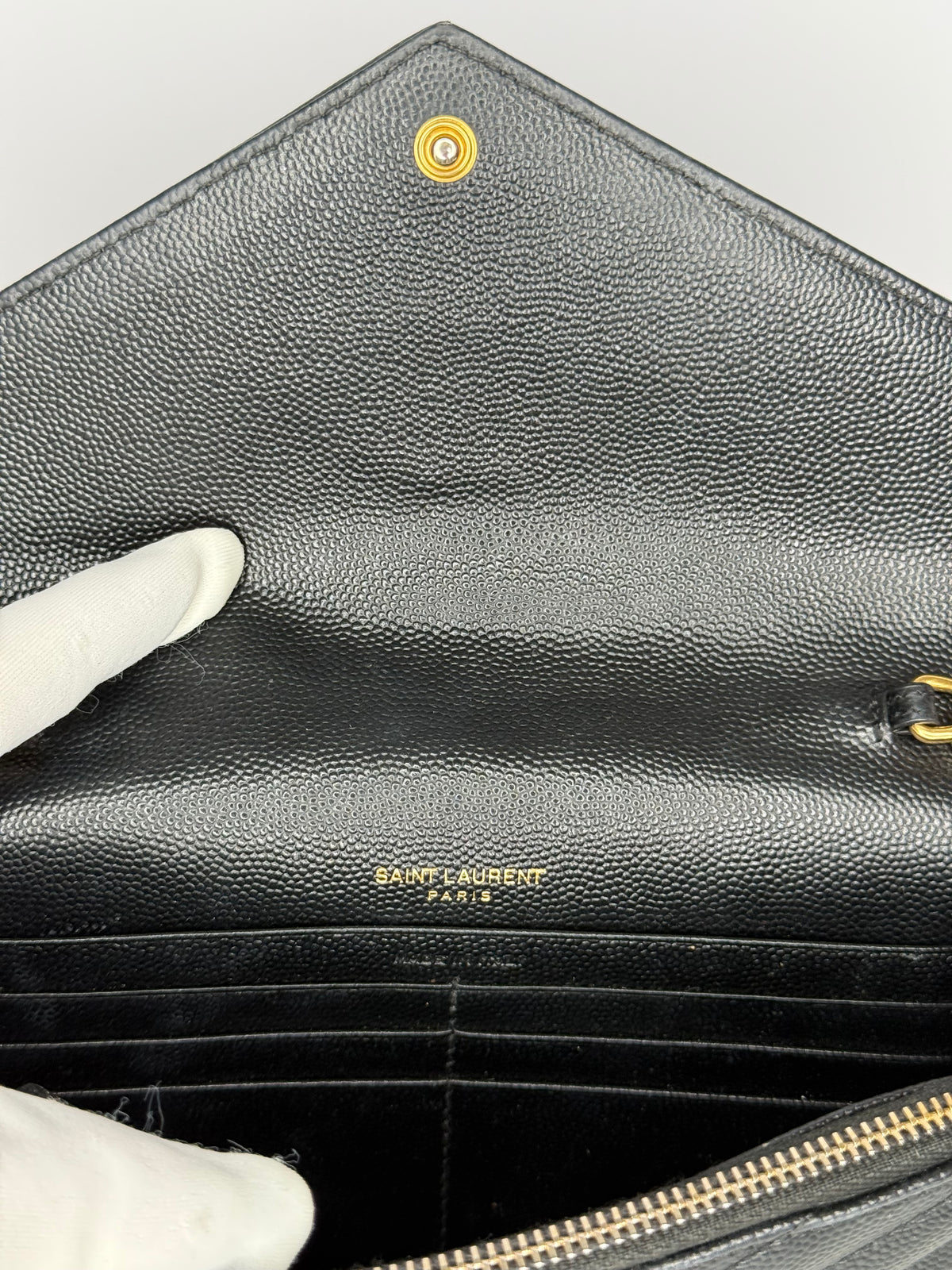 Saint Laurent Cassandre Envelope Black Grain De Poudre Leather Wallet on Chain