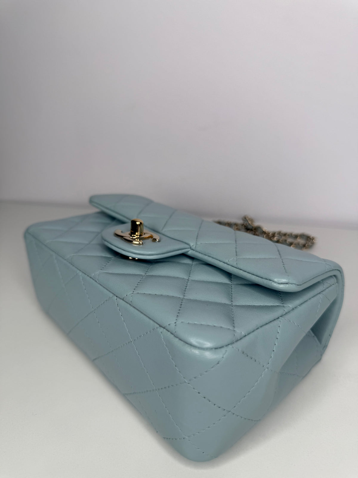 Chanel Lambskin Quilted Mini Top Handle Rectangular Flap Light Blue