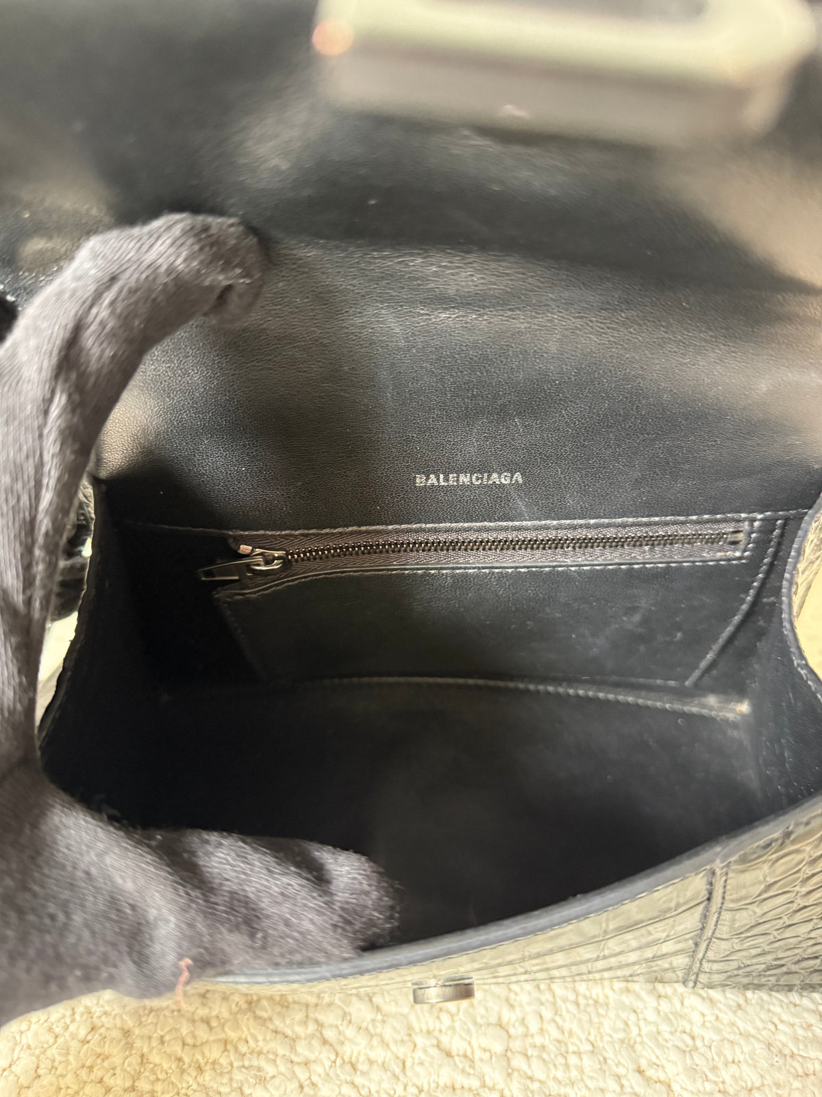 Balenciaga S Hourglass Croc Embossed Bag Black