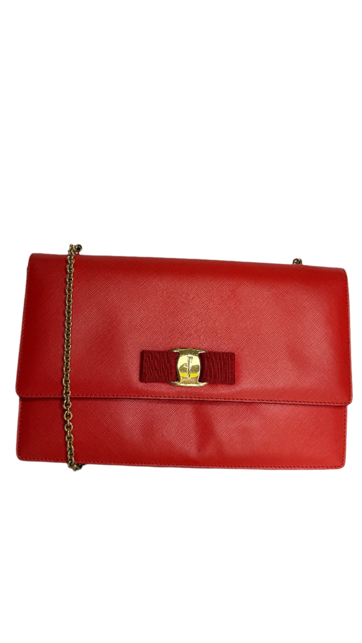 Salvatore Ferragamo Red Leather Vara Bow Chain Shoulder Bag