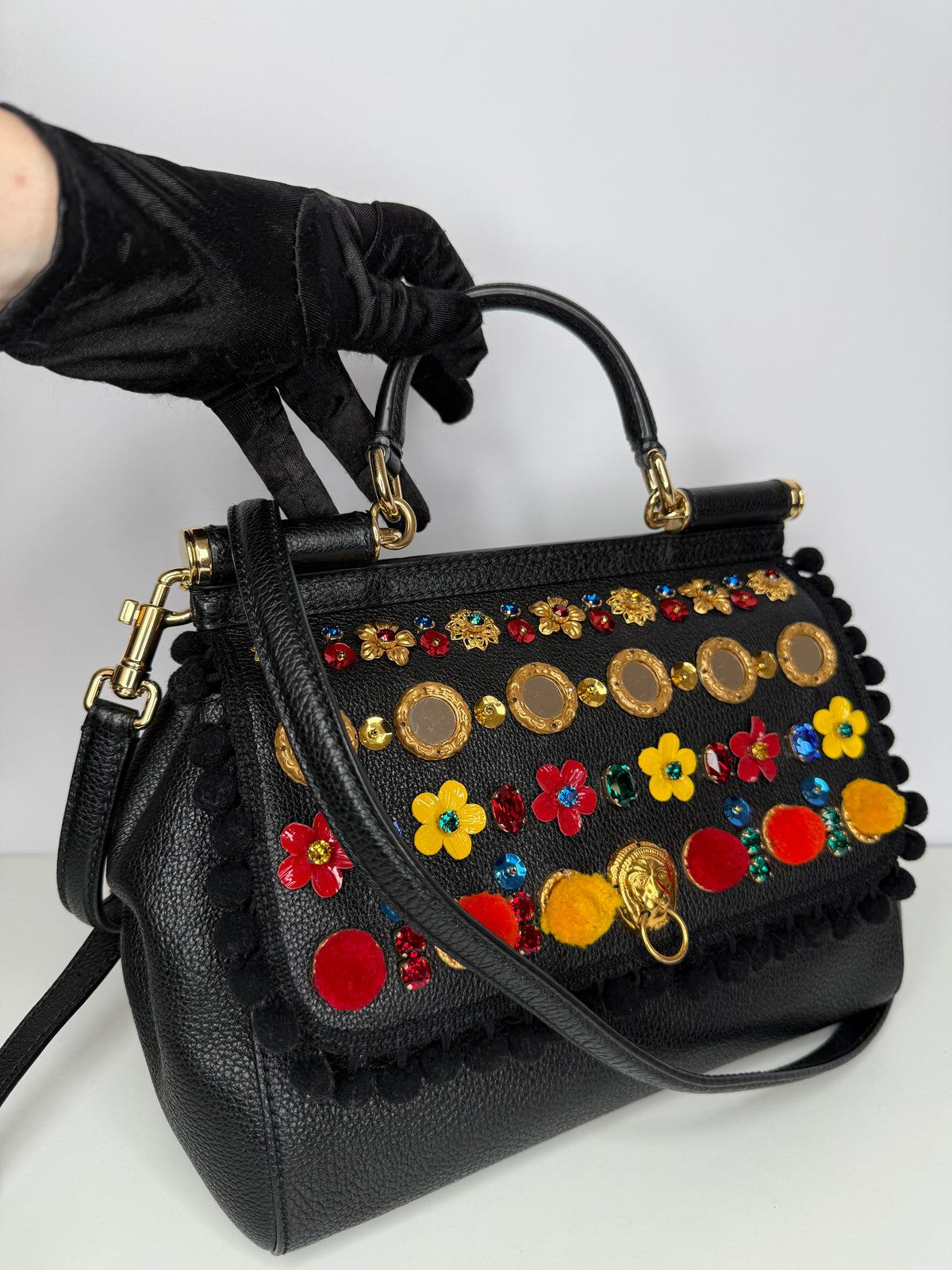 Dolce Gabbana Limited Edition Embellished Medium Sicily Black Leather