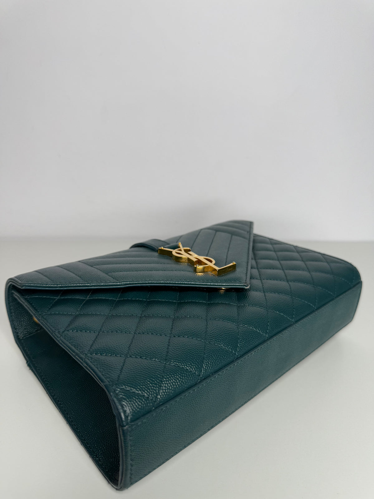 Saint Laurent Envelope Medium Quilted Grain De Poudre Green Leather