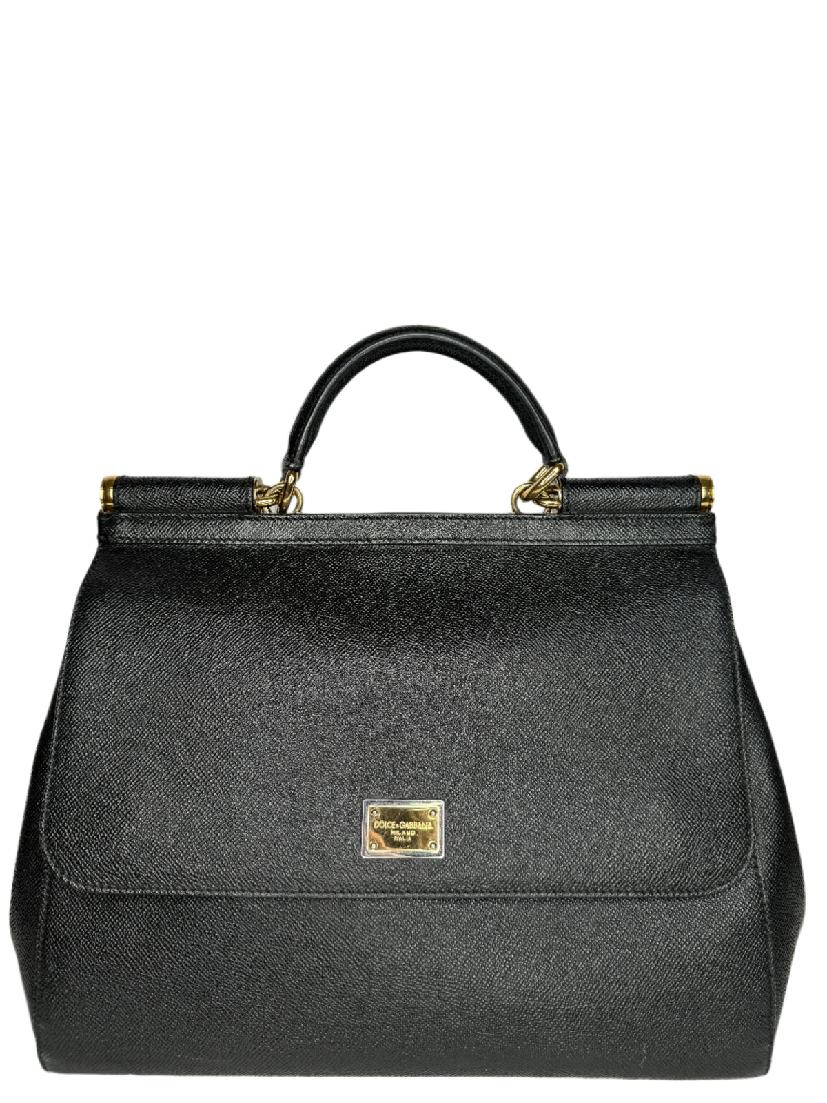 Dolce Gabbana Large Miss Sicily Black Dauphine Leather Top Handle Bag