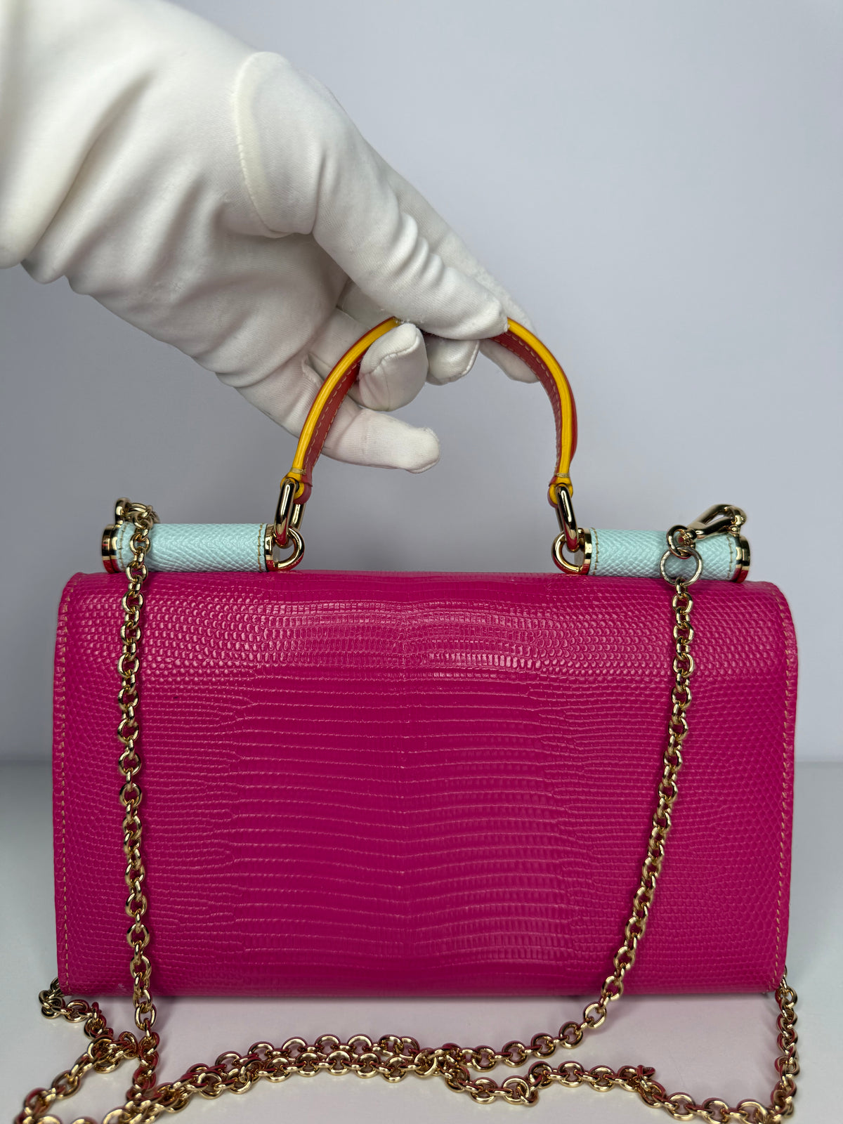 Dolce Gabbana Pink Lizard Embossed Wallet On Chain