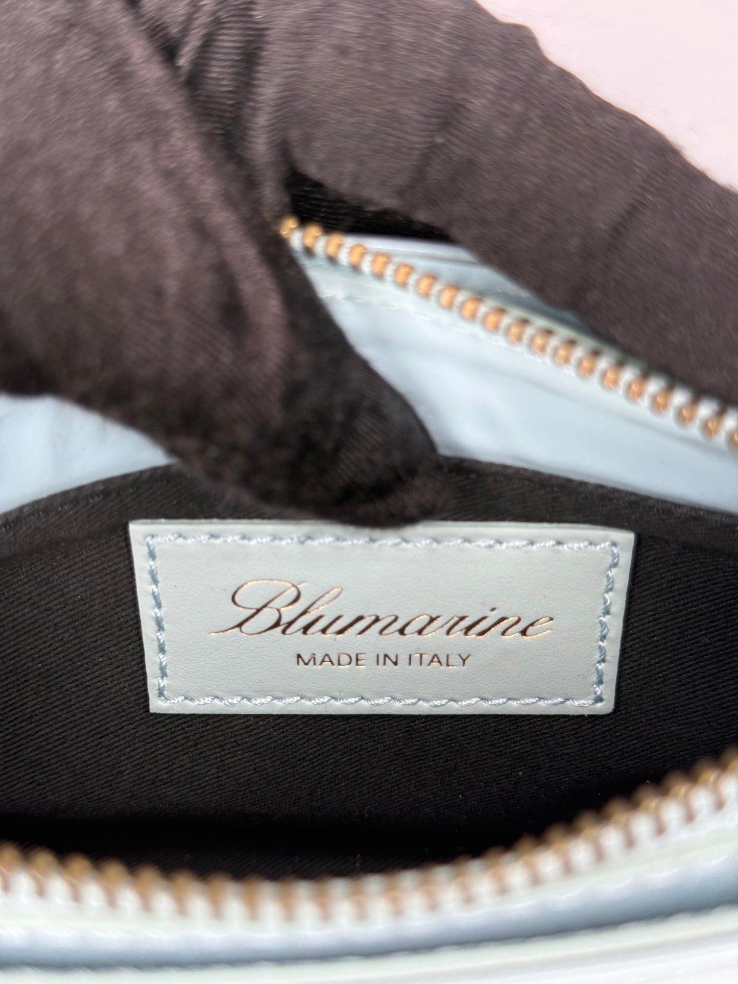 Blumarine Light Blue Patent Leather Crystal‑Logo Shoulder Bag