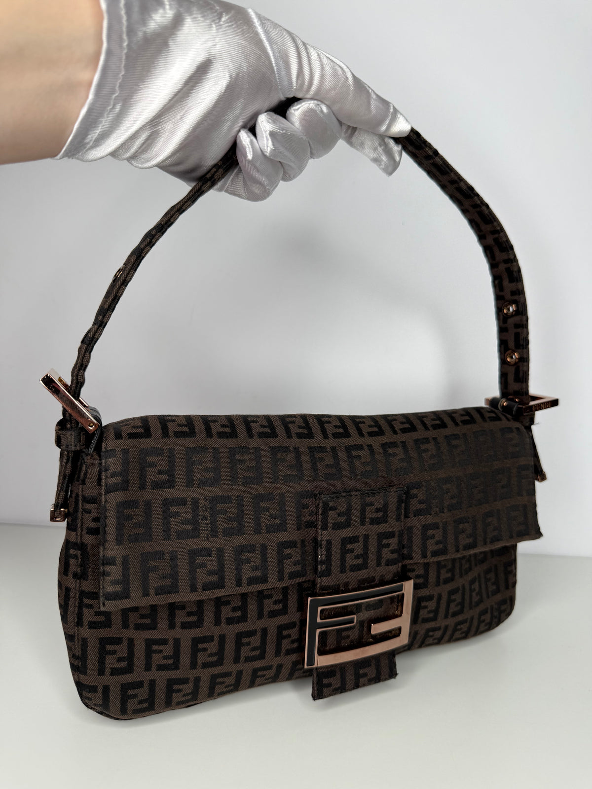 Fendi Zucchino Canvas Baguette Shoulder Bag