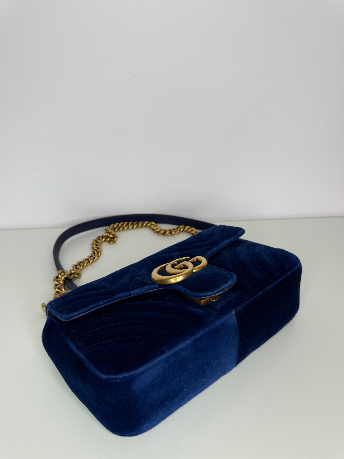 Gucci Velvet Matelasse Small GG Marmont Shoulder Bag Cobalt Blue