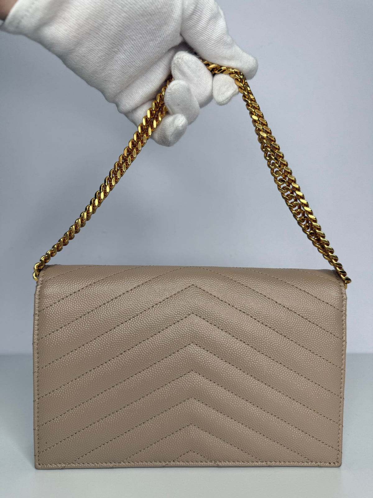 Saint Laurent Cassandre Envelope Dark Beige Grain De Poudre Leather Wallet on Chain