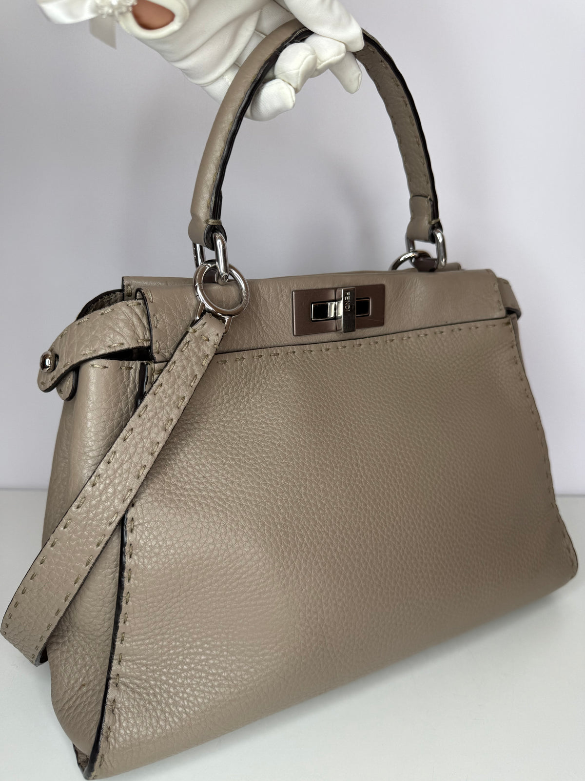 Fendi Peekaboo Grey Selleria Leather Medium Top Handle Bag