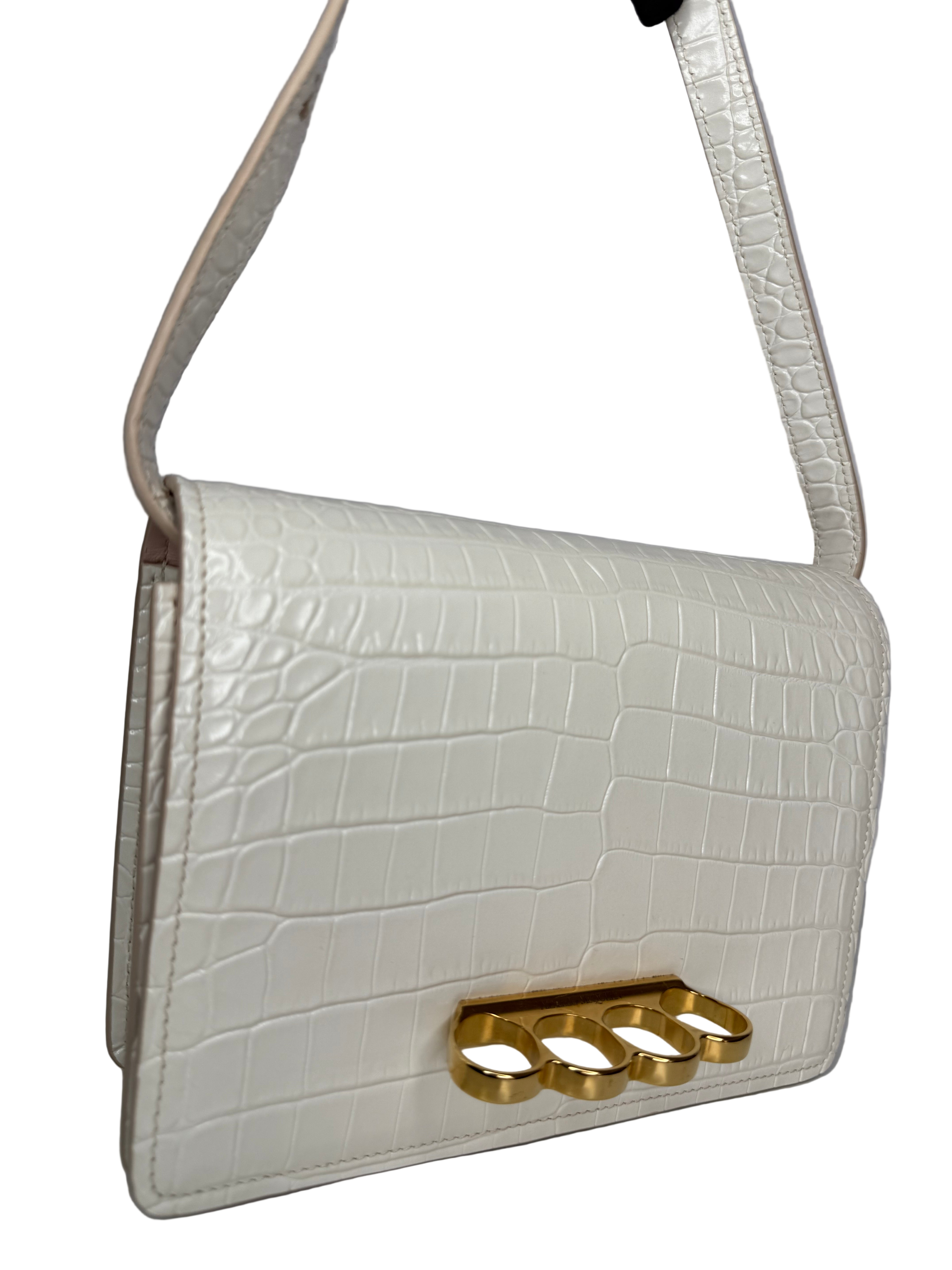 Alexander McQueen Croc Embossed Four Ring Crossbody Bag in Soft Ivory