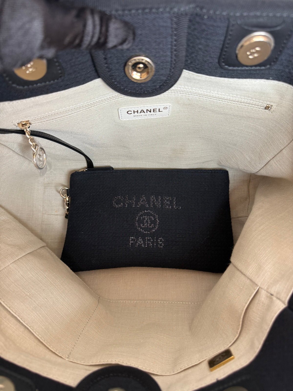 Chanel Deauville Black Canvas Shopping Tote with Pouch