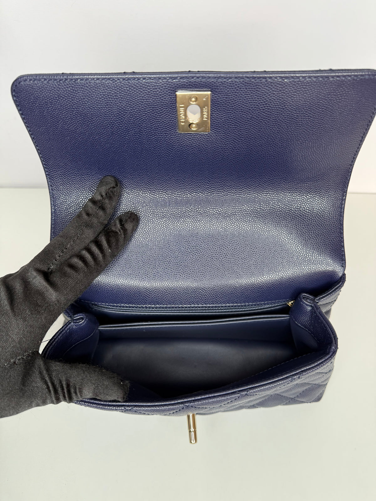 Chanel Coco Handle Small Blue Caviar with Lizard Top Handle