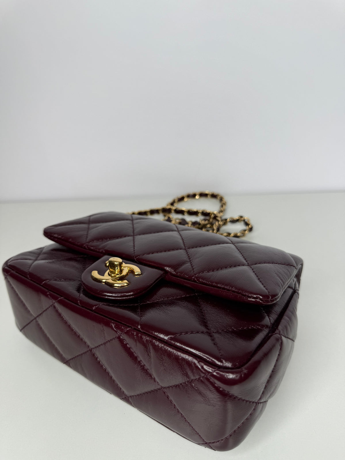 Chanel Mini Top Handle Flap Bag in Burgundy Quilted Leather Gold Hardware