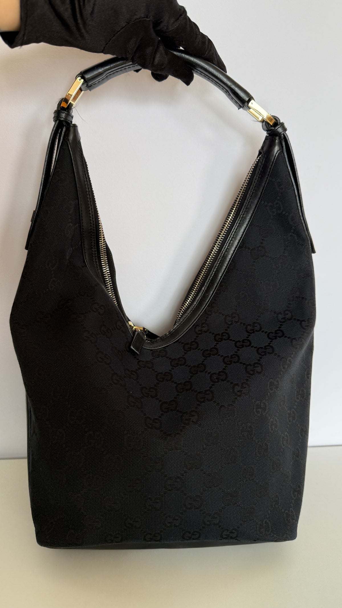 Gucci One Shoulder Bag Black GG Canvas Hobo Bag