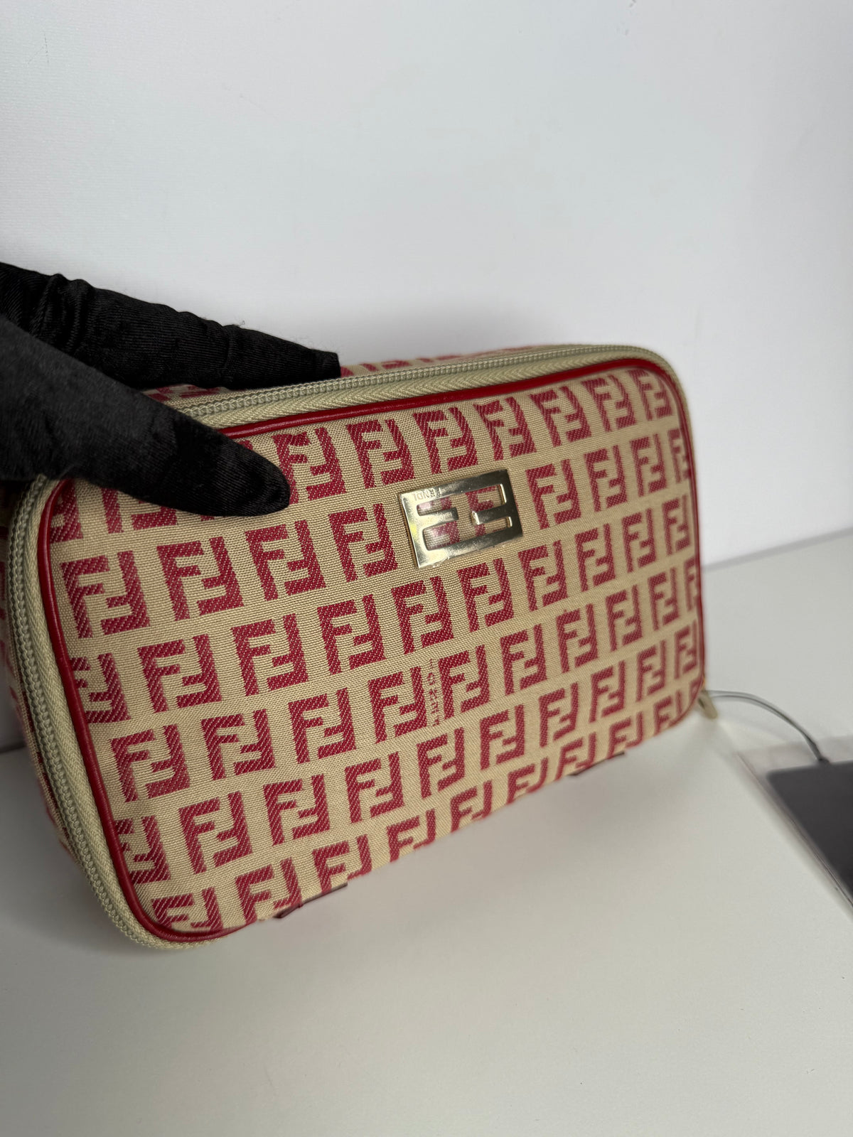 Fendi Beige and Red Zucchino Canvas Cosmetic Pouch