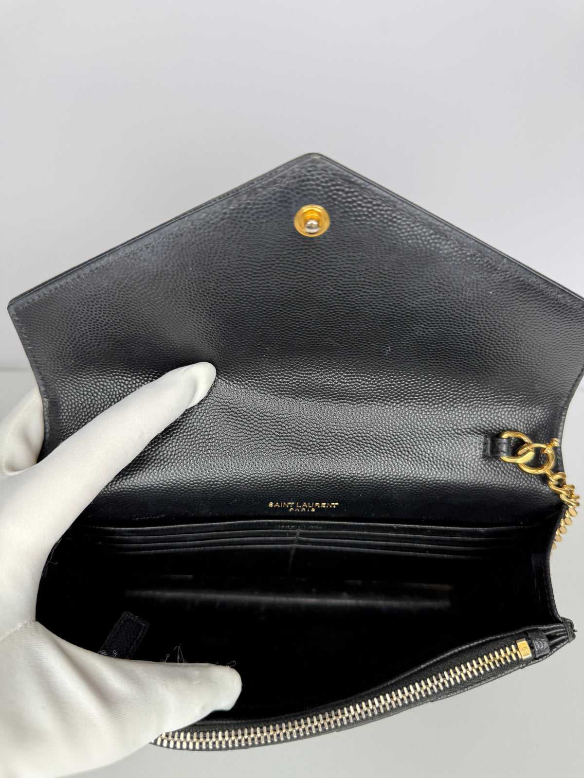 Saint Laurent Cassandre Envelope Black Grain De Poudre Leather Wallet on Chain