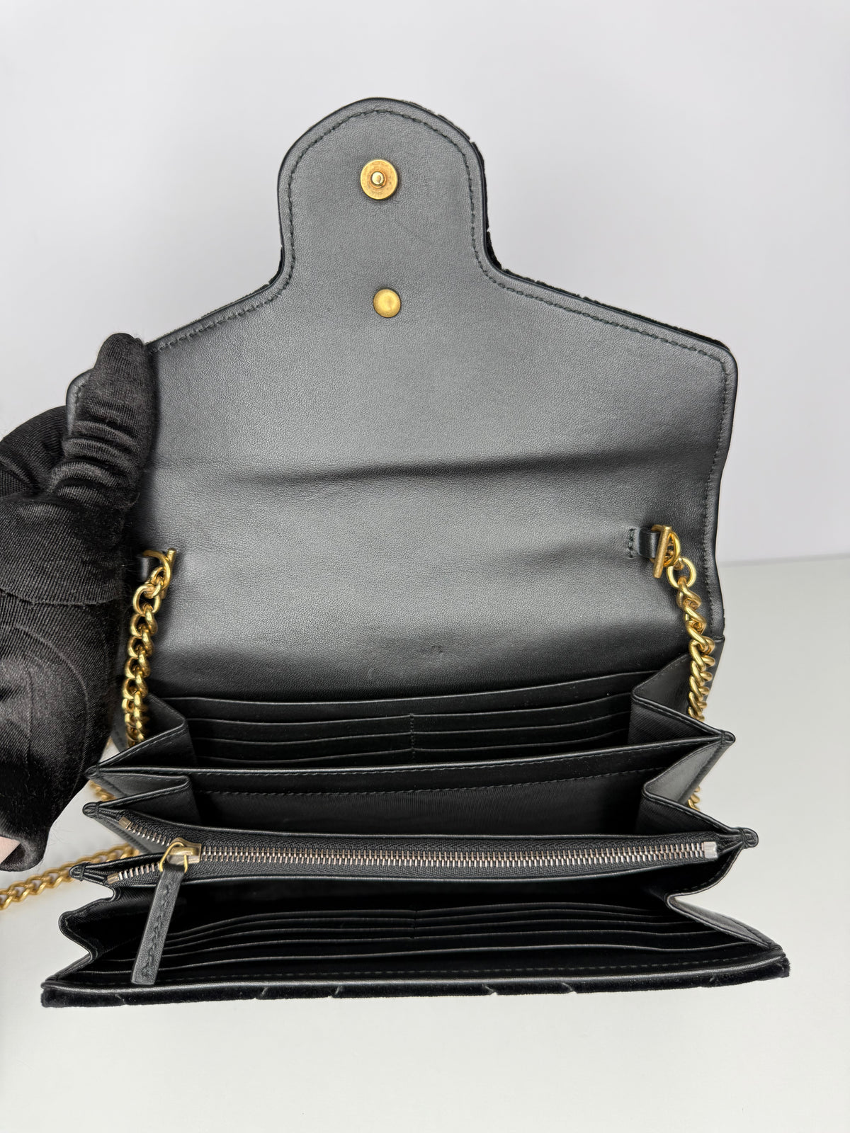 Gucci Velvet Matelasse GG Marmont Chain Wallet Black