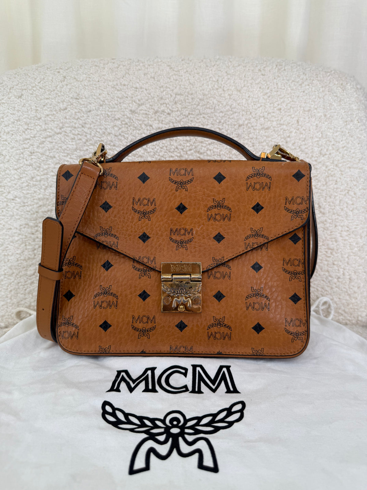MCM Patricia Satchel Visetos Crossbody Bag Brown