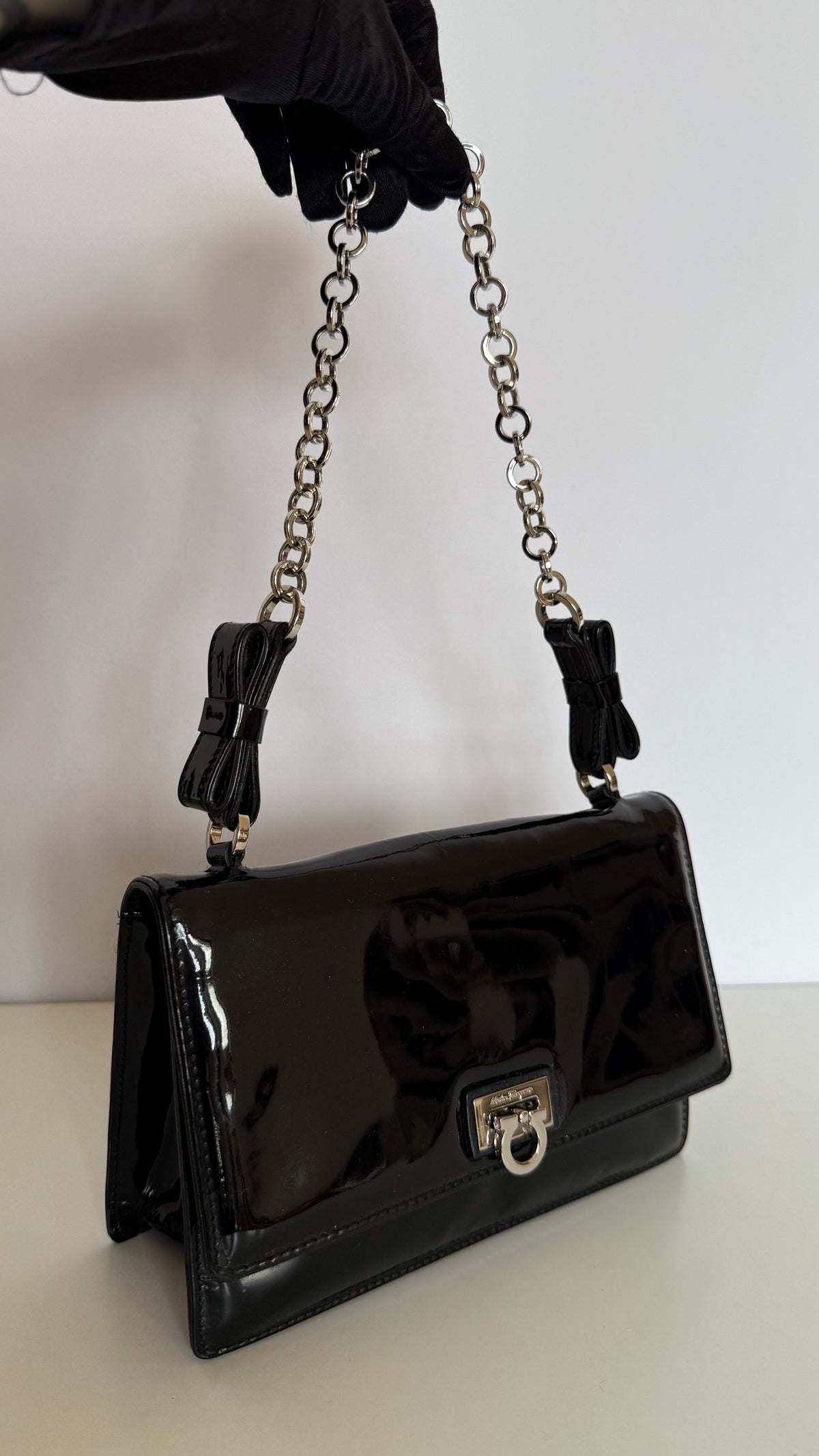 Salvatore Ferragamo Gancini Lock Black Patent Leather