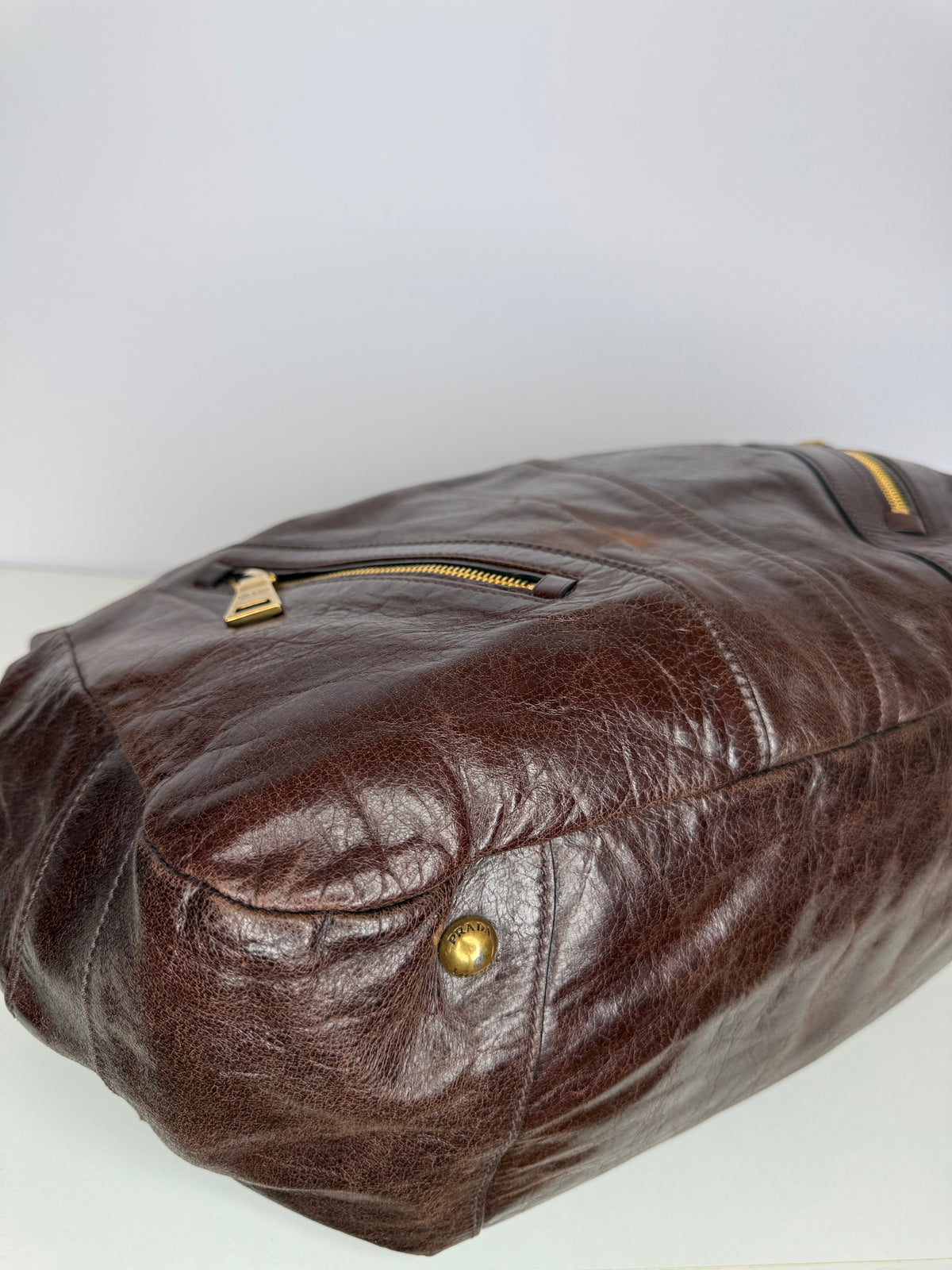 Prada Dark Brown Vitello Shine Leather Bowler Bag