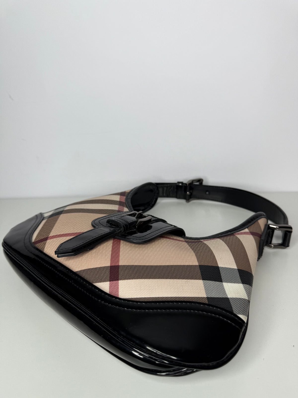 Burberry Black/Beige Nova Check PVC and Patent Leather Mini Brooke Hobo