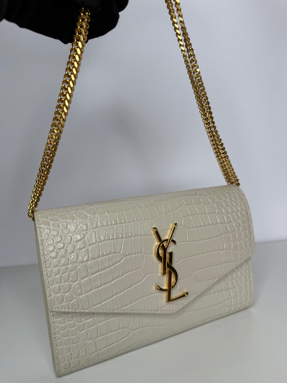 Saint Laurent Uptown Crocodile Embossed Shiny Leather in Ivory Wallet on Chain
