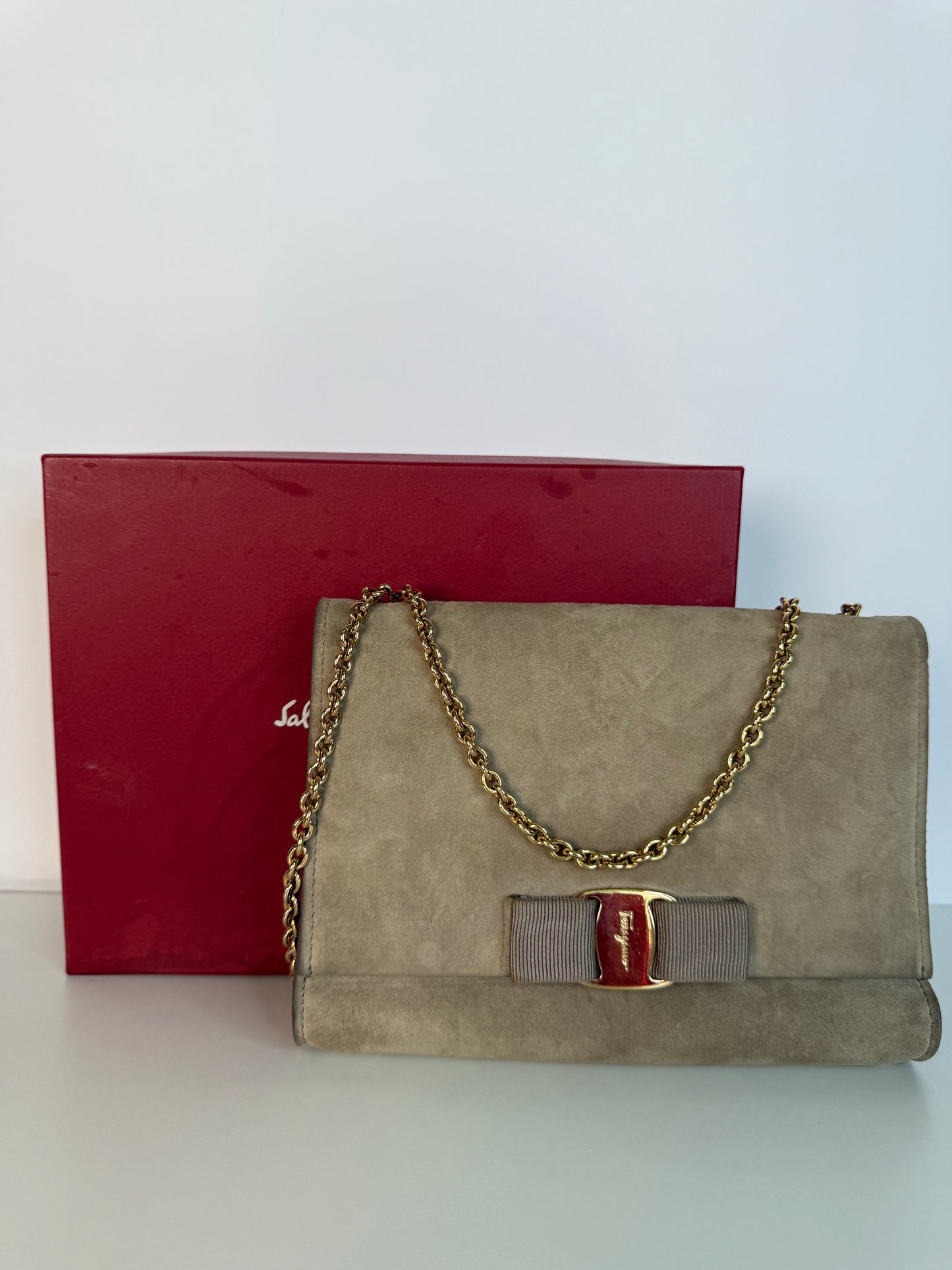 Salvatore Ferragamo Vara Bow Chain Crossbody Bag Suede