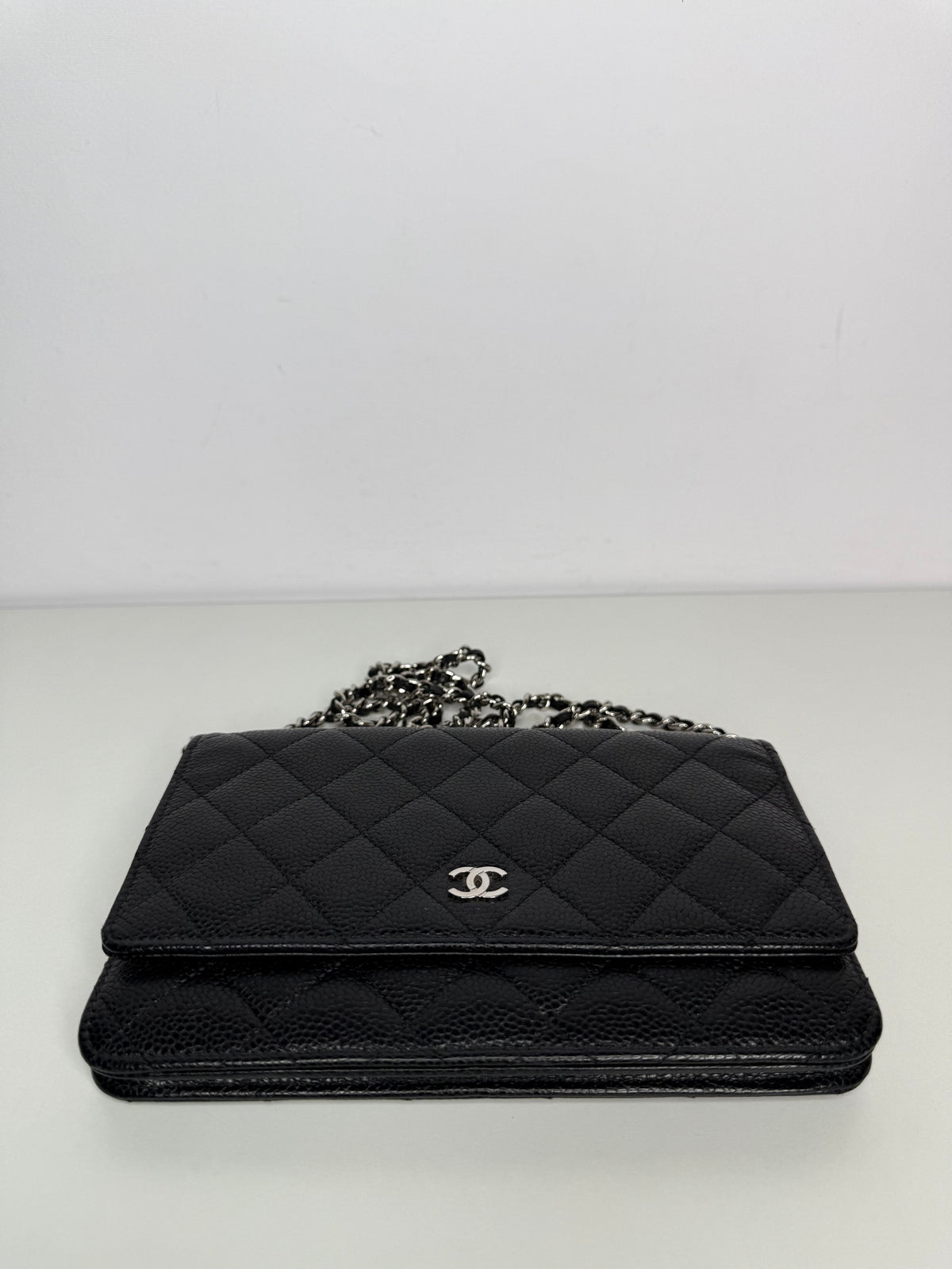Chanel Black Quilted Caviar Leather Classic Wallet On Chain