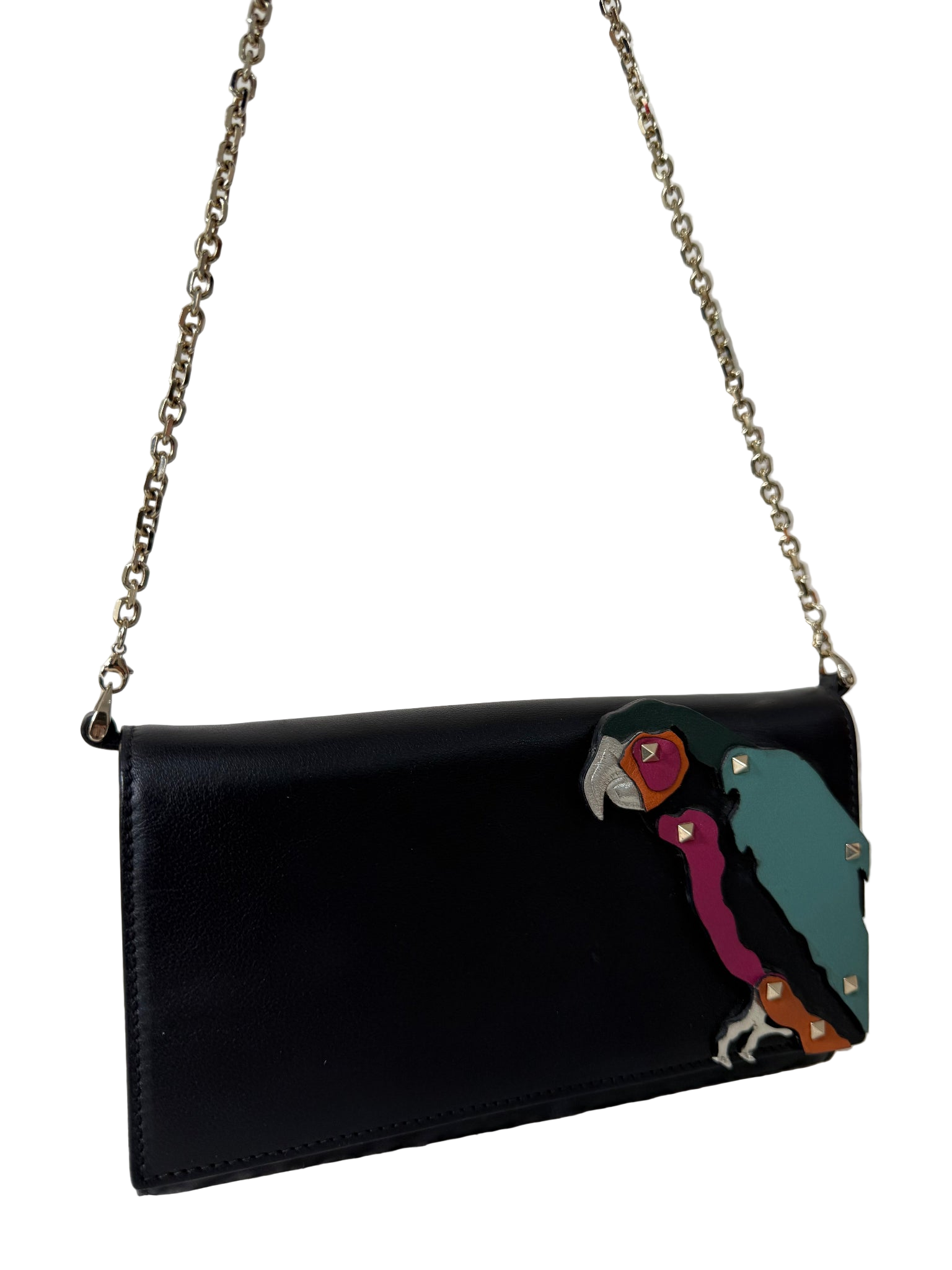 Valentino Garavani Parrot Motif and Black Leather Wallet on Chain