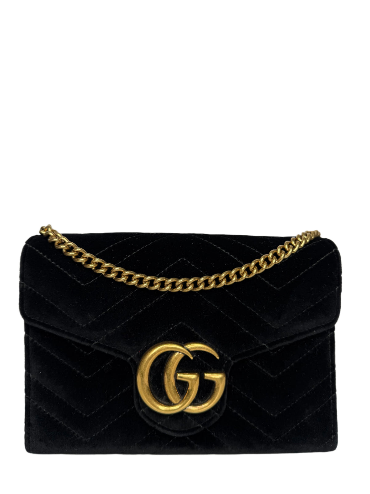 Gucci Velvet Matelasse GG Marmont Chain Wallet Black