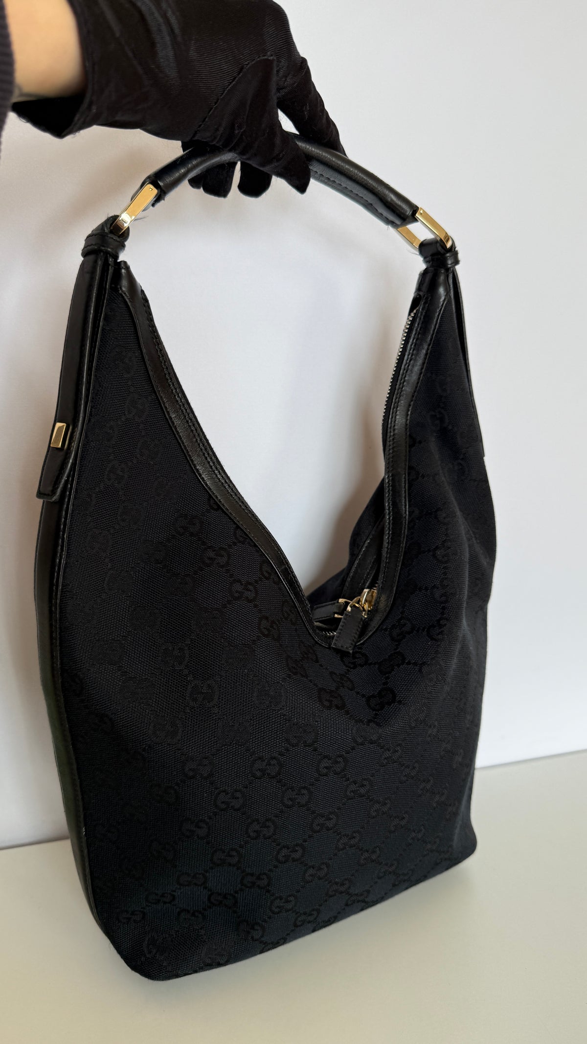 Gucci One Shoulder Bag Black GG Canvas Hobo Bag