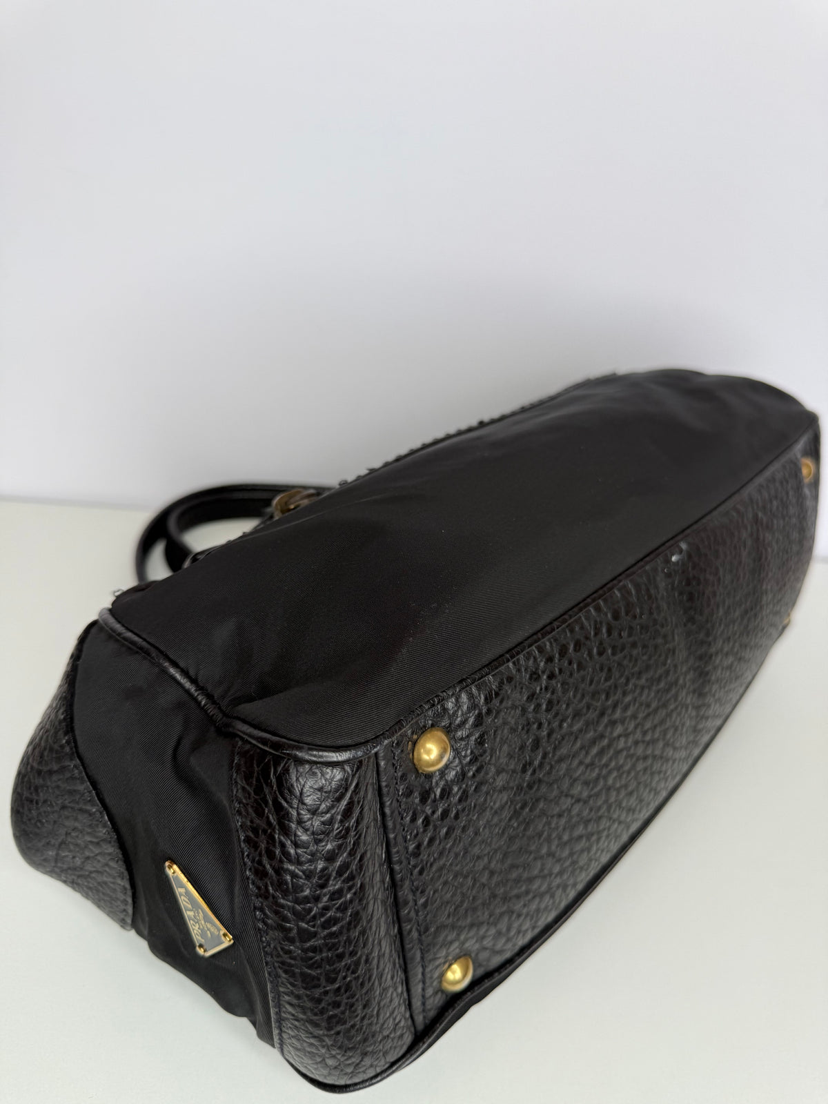 Prada Black Tessuto Nylon Bowler Bag with Vitello Leather Trim