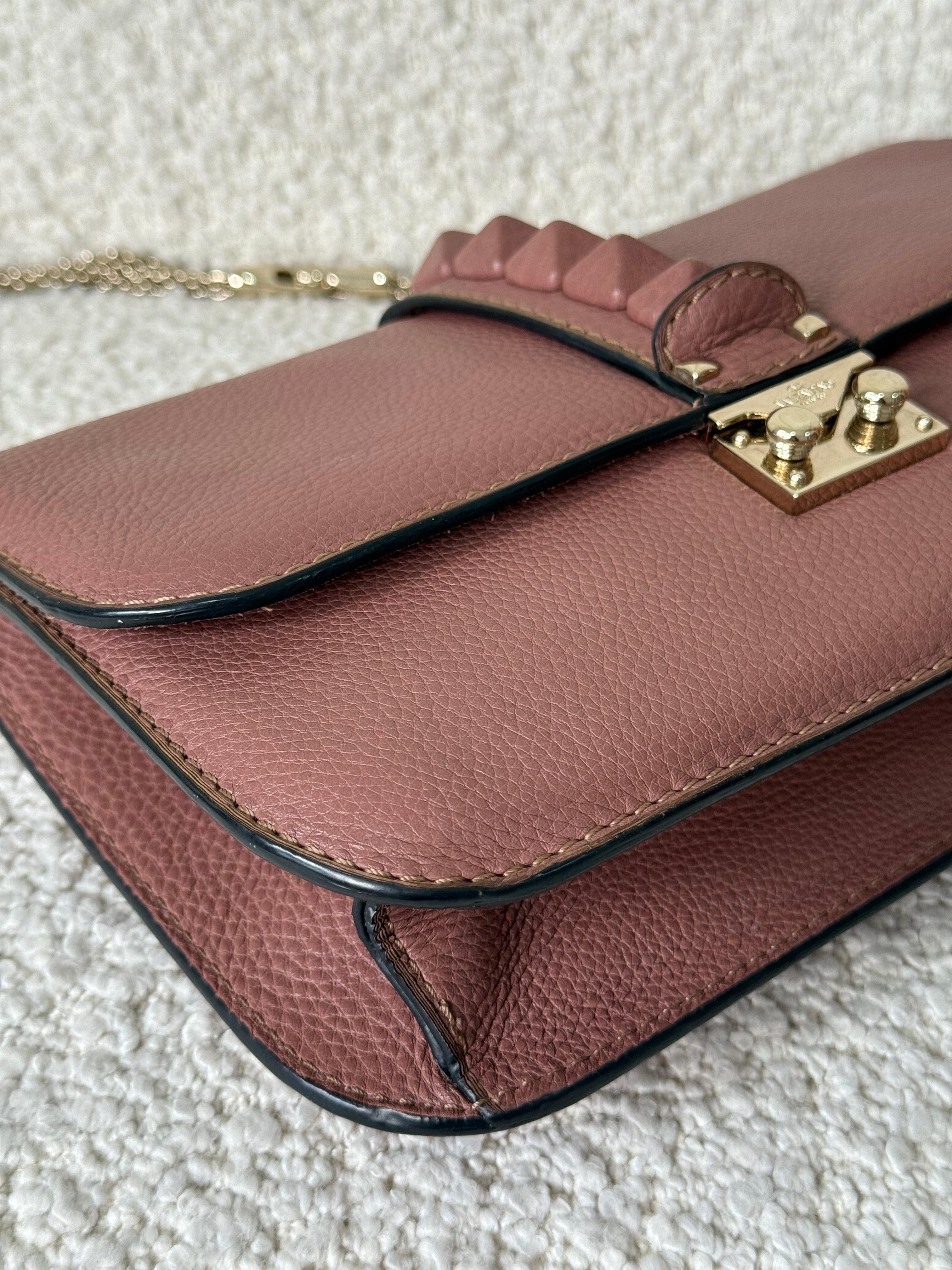 Valentino Garavani Old Rose Leather Rockstud Glam Lock Medium Flap Bag