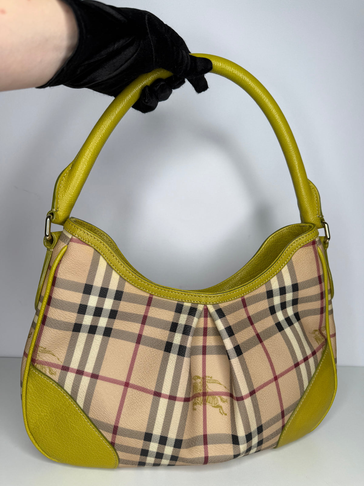 Burberry Beige/Neon Green Haymarket Check Coated Canvas And Leather Hernville Hobo