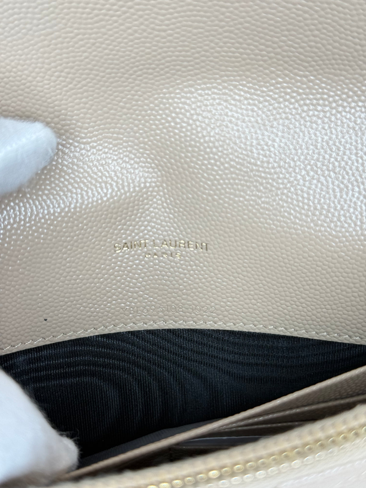 Saint Laurent Cassandre Envelope Dark Beige Grain De Poudre Leather Wallet on Chain