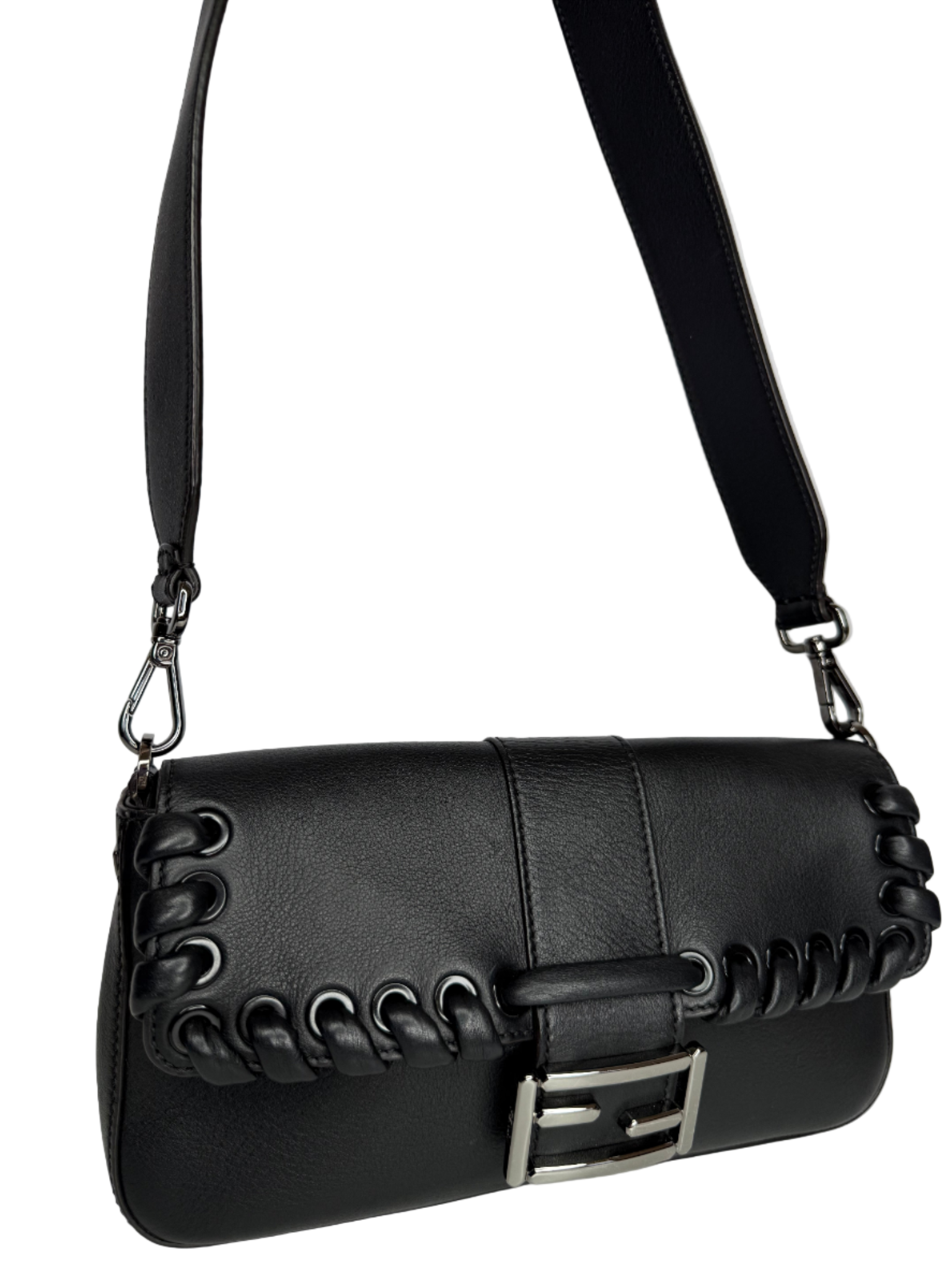 Fendi Baguette Whipstitch Black Leather