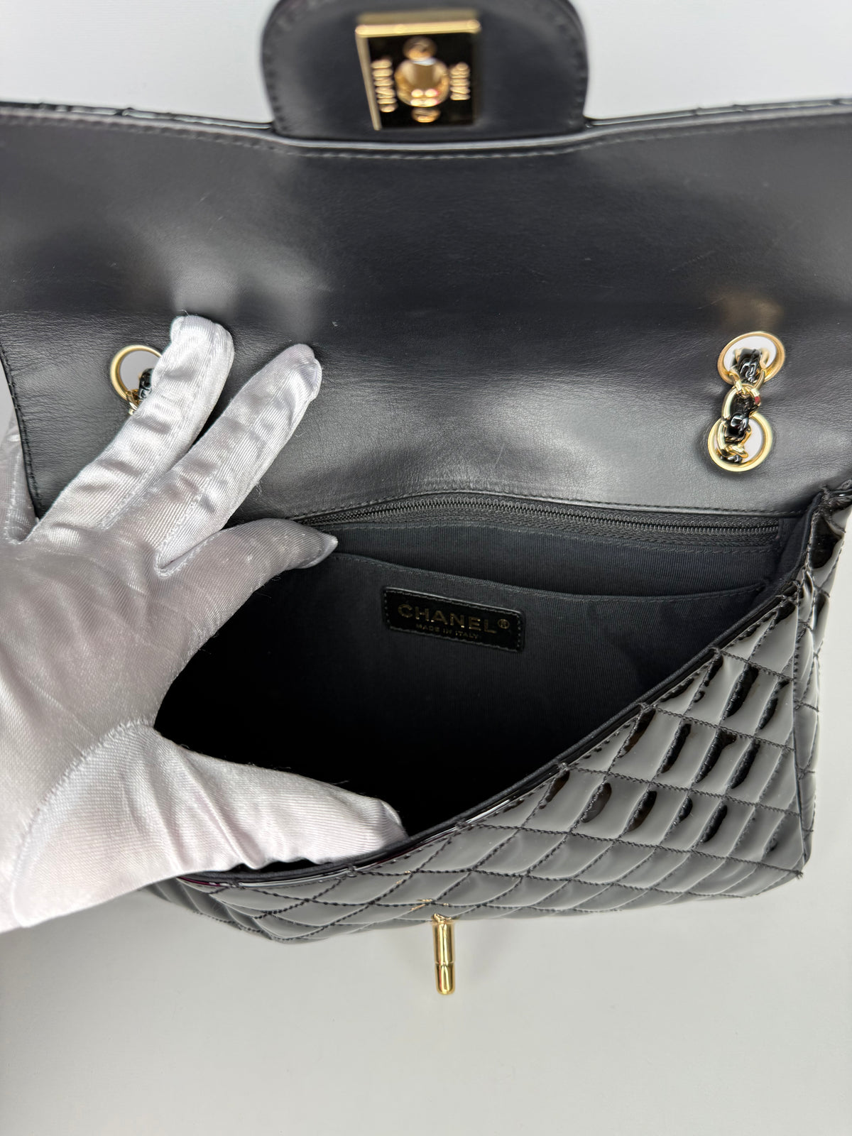 Chanel Medium Classic Flap Bag in Black Quilted Patent Leather