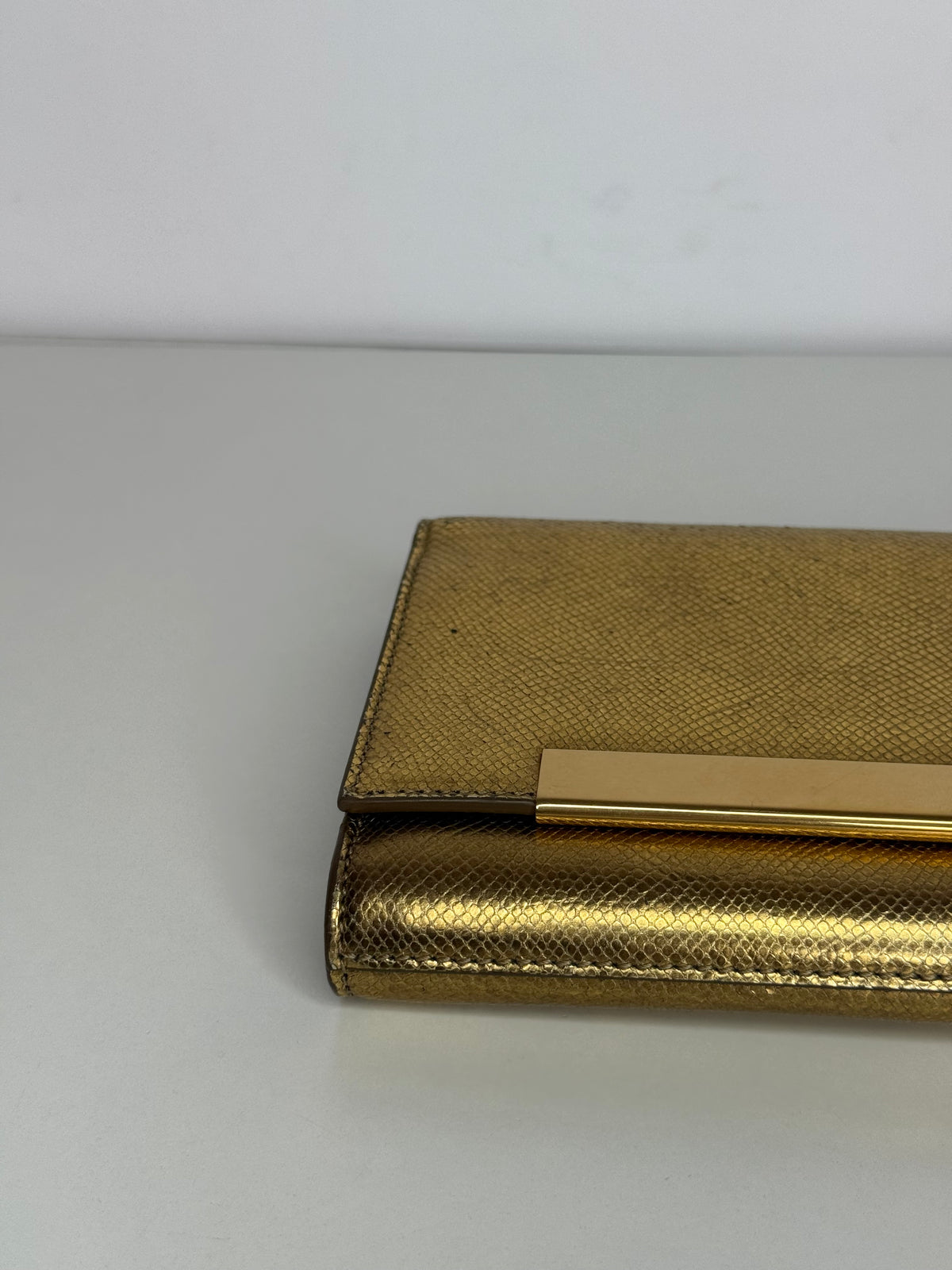 Saint Laurent Lutetia Flap Clutch Snakeskin Embossed Metallic Gold