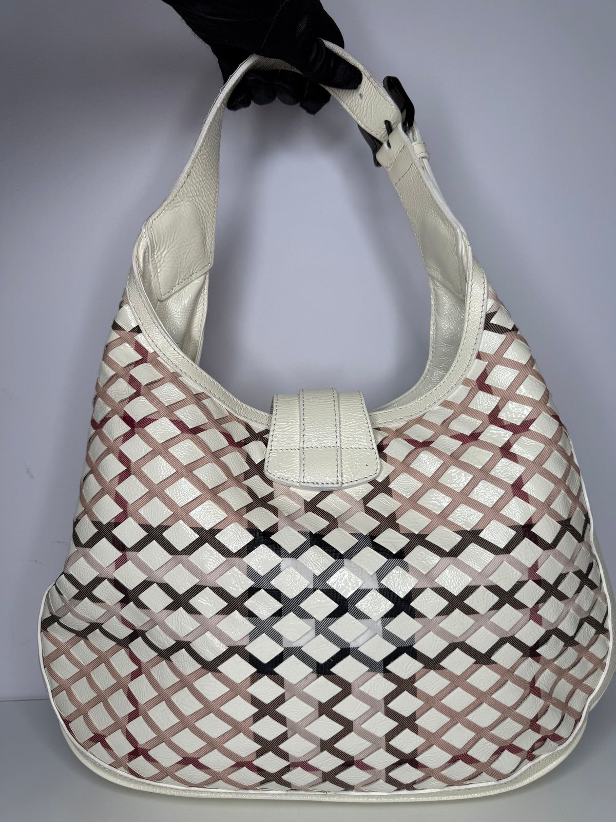 Burberry White House Check Patent Leather and PVC Brooke Hobo