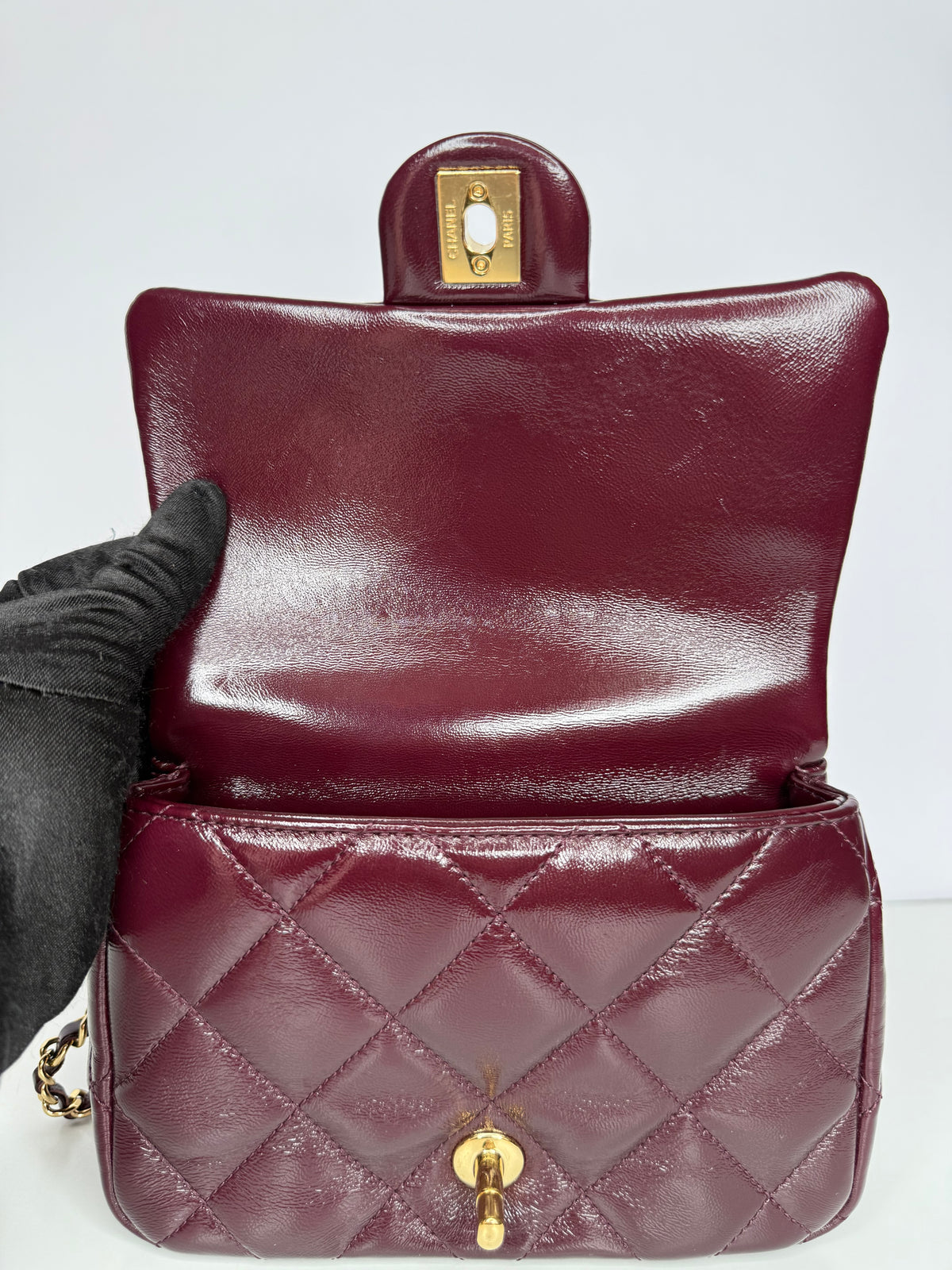 Chanel Mini Top Handle Flap Bag in Burgundy Quilted Leather Gold Hardware