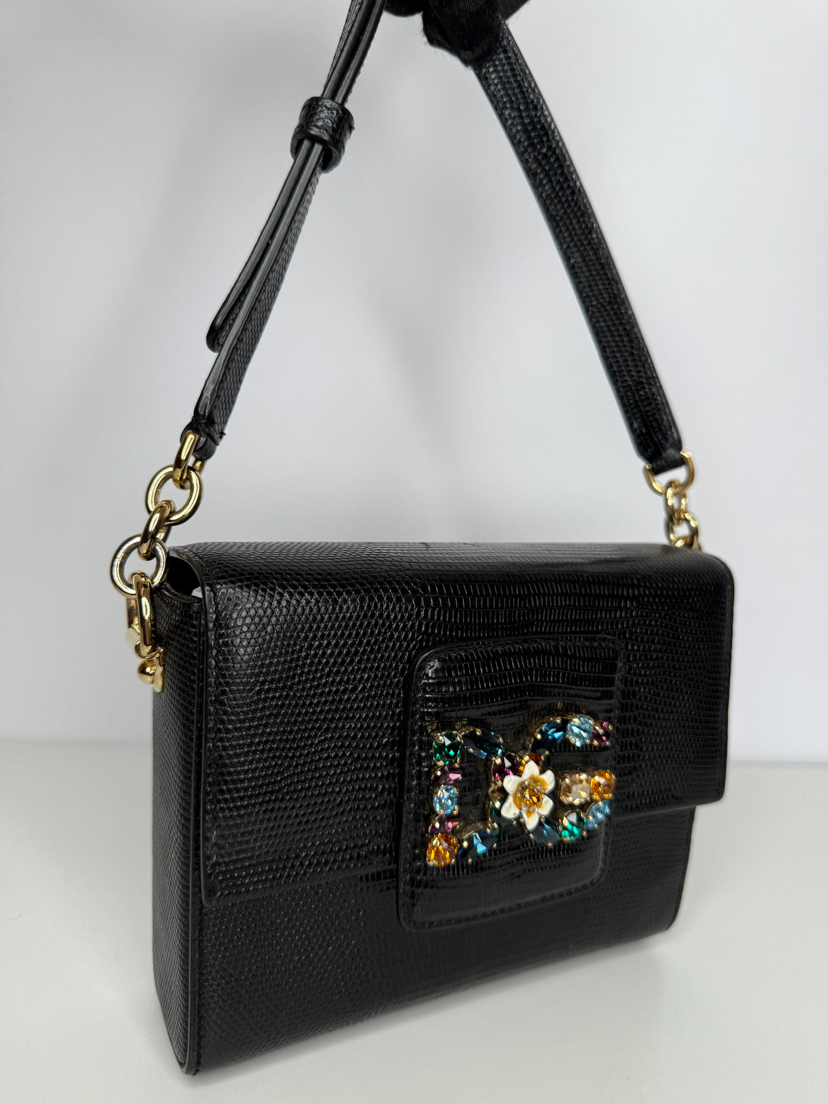 Dolce Gabbana Mini Millennials Black Iguana Leather DG Crystals Crossbody Bag