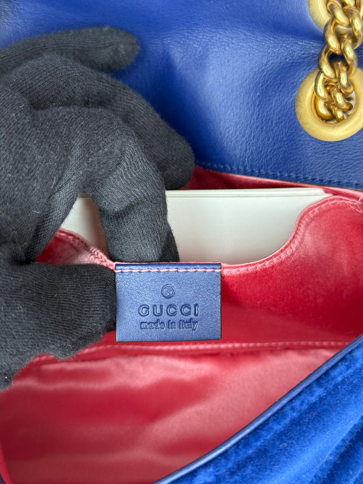 Gucci Velvet Matelasse Small GG Marmont Shoulder Bag Cobalt Blue